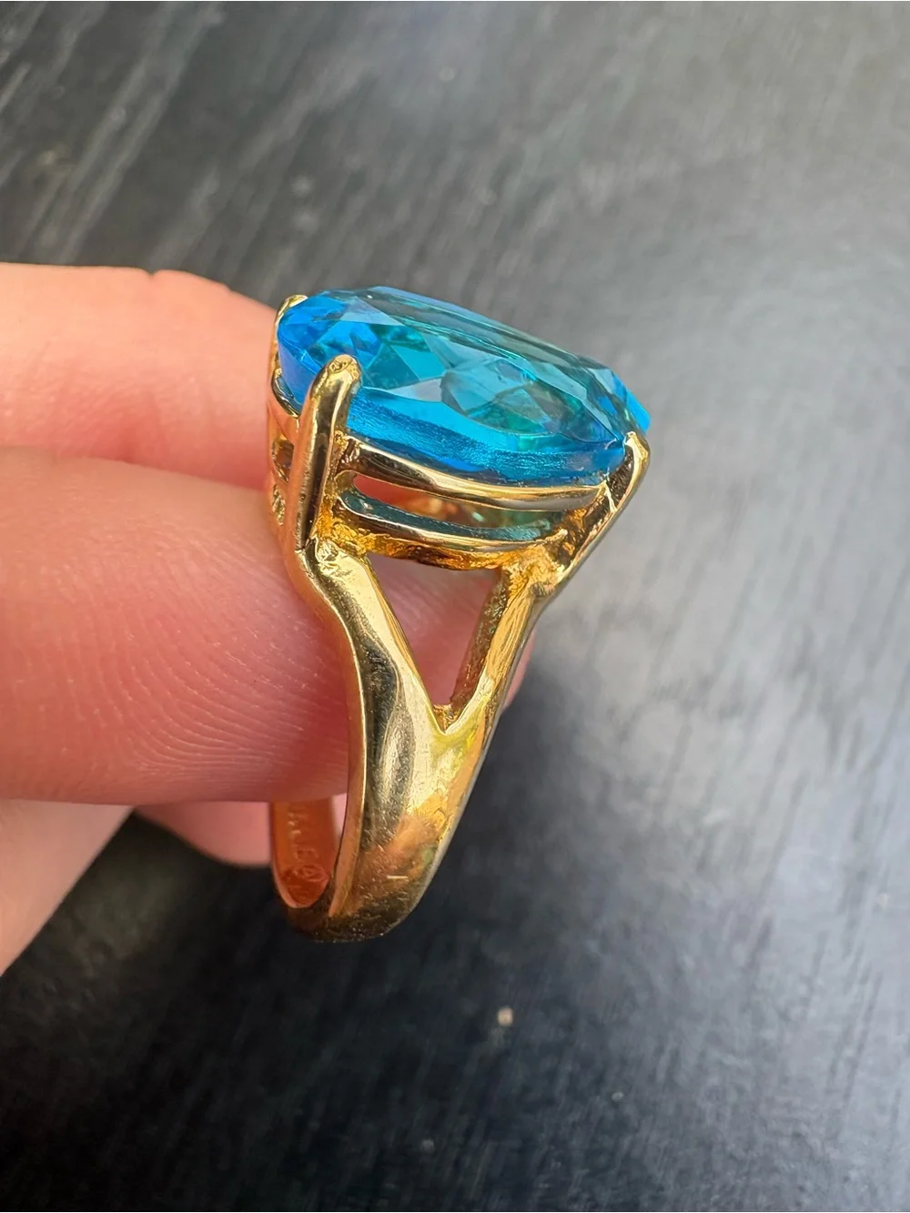 18k Gold Electroplated Ring with Blue Gemstone - Size 4.75